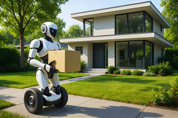 Autonomous Artificial intelligence Robot Courier Delivering Parcel to Smart Home in Eco Friendly Suburban Neighbourhood