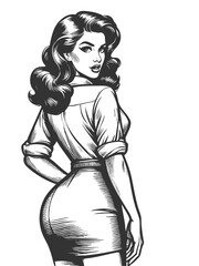 woman glancing over her shoulder, wearing a skirt and blouse in retro fashion sketch engraving generative ai fictional character vector illustration. Scratch board imitation. Black and white image.