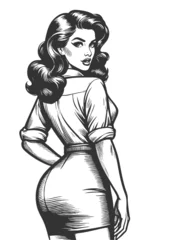 Fotobehang woman glancing over her shoulder, wearing a skirt and blouse in retro fashion sketch engraving generative ai fictional character vector illustration. Scratch board imitation. Black and white image. © Oleksandr Pokusai