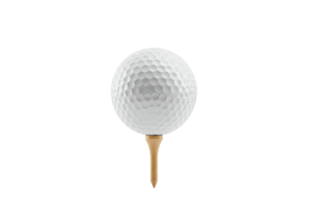 transparent golf ball with dimple pattern perfectly balanced on a light brown wooden tee, detailed wood grain visible, against a seamless transparent studio background with no shadows, high-angle