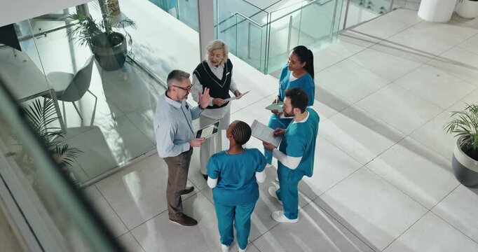 Medical, staff and doctors discussion with tablet for surgery funding, resource allocation or above. Hospital director, business people and surgeon team with notes for healthcare feedback and support