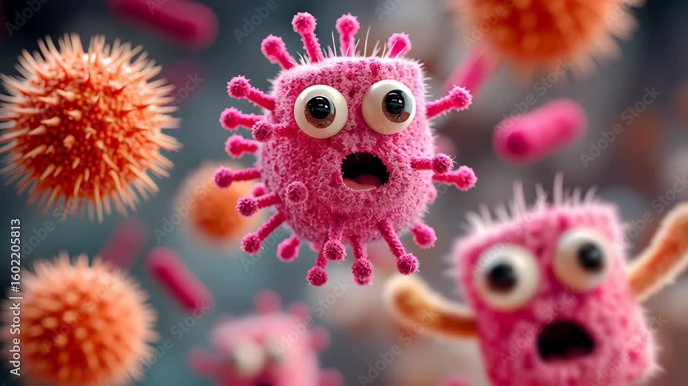 Poster colorful cartoon-style illustration of various microorganisms, featuring surprised expressions, floa