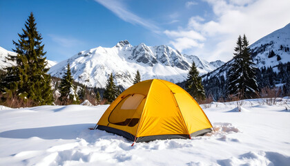 Yellow tent with snowy mountain scene.