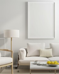 Minimalist living room interior with a white sofa. a coffee table. and a large empty frame on the wall (1)