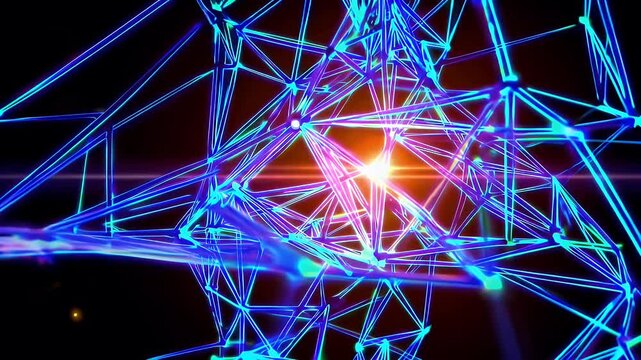 futuristic 4K animation luminous geometric blue architecture vibrant orange accents forming digital structure symbolizing high tech computing systems innovative digital infrastructure