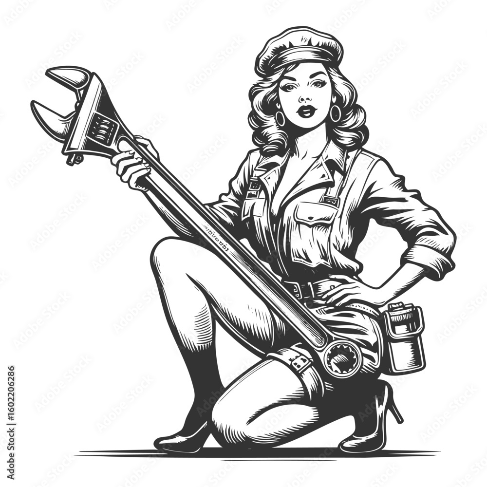 Poster glamorous woman in mechanic uniform and heels holding an oversized wrench in a confident pose sketch