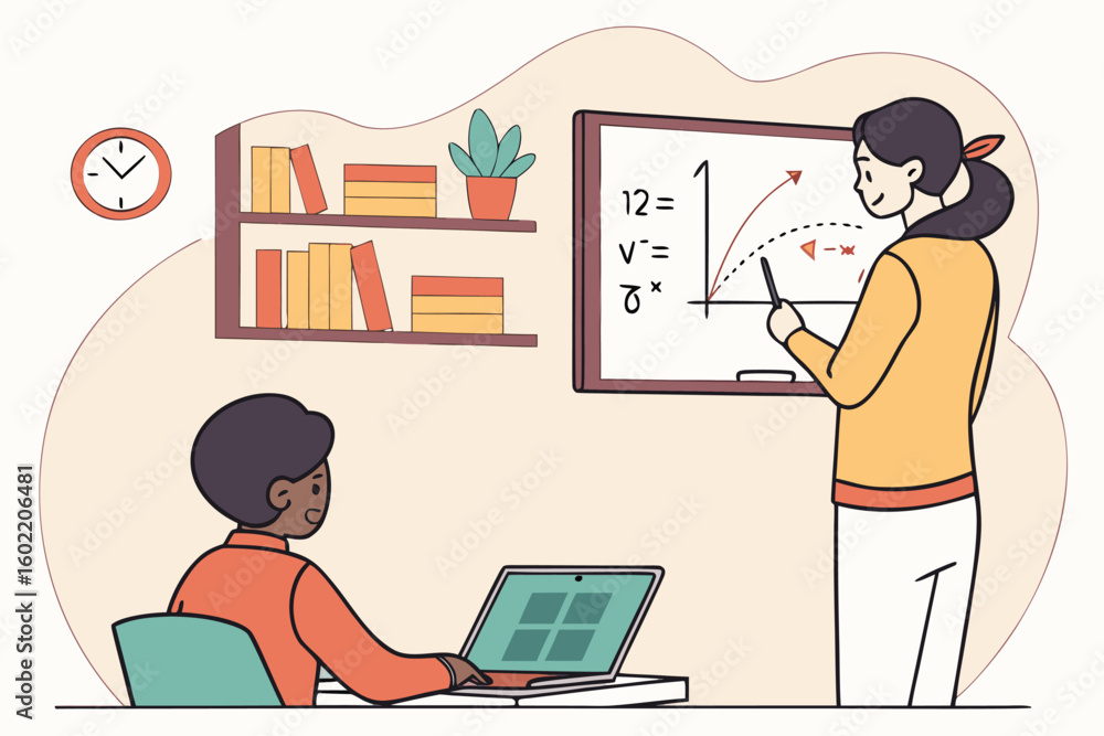 Poster young student learns math concepts in a classroom setting with engaging teacher and digital resource