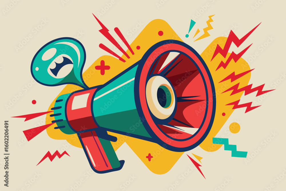 Poster vibrant graphic of a megaphone with sound waves and dynamic shapes illustrating communication and ex