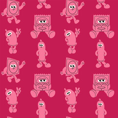 Cartoon Condoms with Personality. Seamless Health Education Pattern