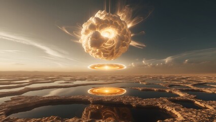 Massive fiery orb descends upon a vast alien landscape with glowing watery depressions