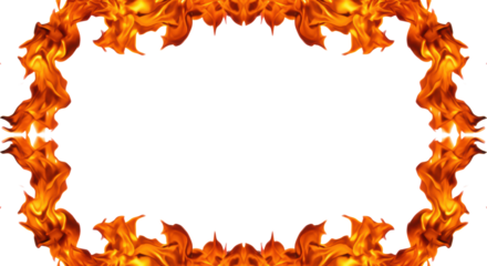 Vibrant orange and yellow flames with translucent edges, dynamically rising to form a symmetrical frame on a transparent background with abundant copy space, soft studio light, high-impact design
