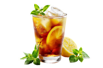 Cold citrus iced lemon tea with ice cubes and fresh mint leaves — ultra-high-resolution PNG cutout on seamless transparent background ideal for summer beverage branding, tropical drink advertising