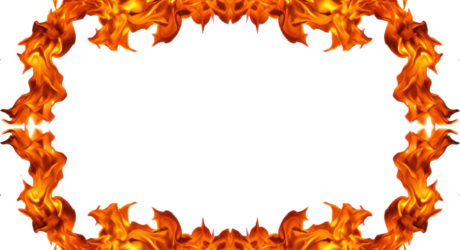 Vibrant orange and yellow flames with translucent edges, dynamically rising to form a symmetrical frame on a transparent background with abundant copy space, soft studio light, high-impact design