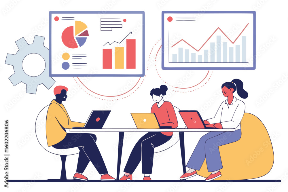 Poster team collaborates on data analysis using laptops at a modern office workspace, showcasing graphs and
