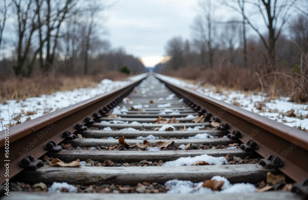 Poster aerial view of railway tracks extending into the distance through a winter landscape with snow and l