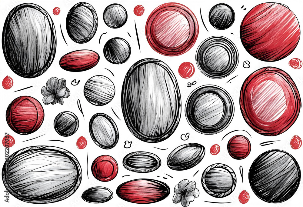 Aufkleber geometric sketch: a collection of stylized and textured circles, ellipses, and floral elements, each