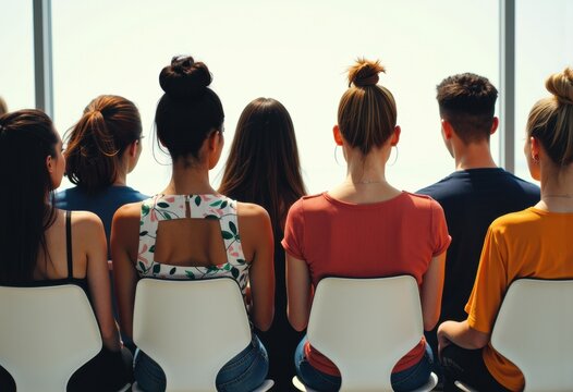 Group of diverse young women and men sitting in a row facing a bright window
