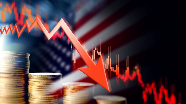 US economic crisis concept with falling red graph arrow, blurred American flag, and coin stacks symbolizing inflation, recession, and financial collapse in the United States market.