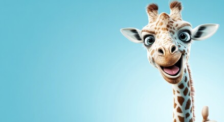Giraffe Close-Up Portrait on Light Blue Background with Unique Spots Cute funny giraffe, smiling, showing approving