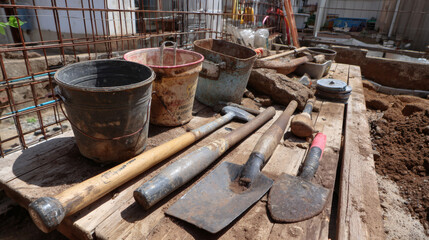 Tools used construction are laid out wooden surface, highlighting importance of safety to prevent abuse of equipment and ensure compliance with