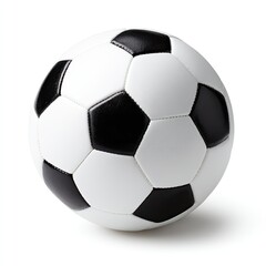 A classic black and white soccer ball, well-lit against a stark white background, casts a subtle shadow, showcasing its pentagonal and hexagonal panel design