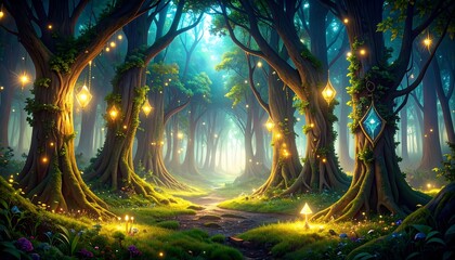 Enchanting forest path illuminated by glowing lights