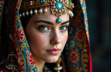 Obraz premium Woman wearing traditional jewelry and colorful embroidered headscarf with intricate patterns