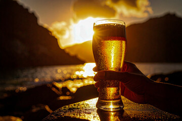 a fresh beer at sunset