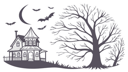 Spooky haunted house silhouette with bare trees and flying bats under a crescent moon on a white background for halloween