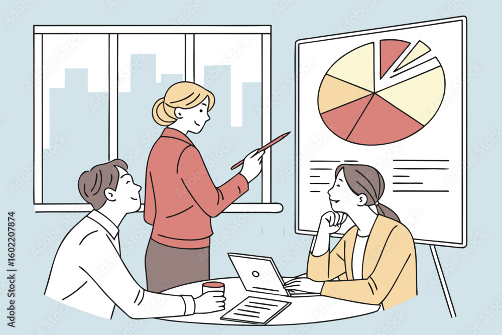 Aufkleber team discusses project progress during a meeting with charts and laptop in a modern office setting i