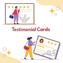 Illustrations of people interacting with testimonial cards featuring star ratings and positive feedback representing customer satisfaction and reviews