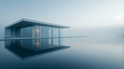 Fototapeta premium Modern Glass Pavilion Reflecting in Serene Water at Dawn: Minimalist Architecture, Tranquil Mood.