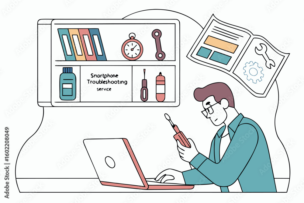Poster technician working on smartphone troubleshooting service with tools and resources in a modern worksp