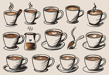 Coffee Cup Collection: A collection of artistic coffee cups showcasing a variety of coffee styles, the image evokes the warmth and inviting atmosphere of a cozy cafe.