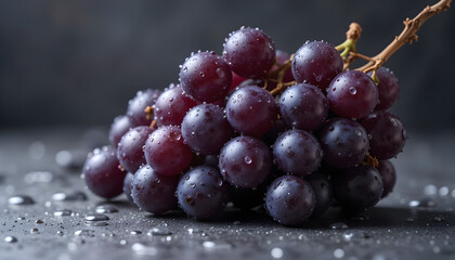Dark Purple Grapes with Water Drops on Dark Background