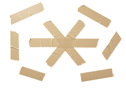 Multiple beige kraft paper masking tape pieces, torn edges, fibrous texture, one in an 'X' shape, isolated on a transparent background with copy space and no shadows. Concept of attachment and