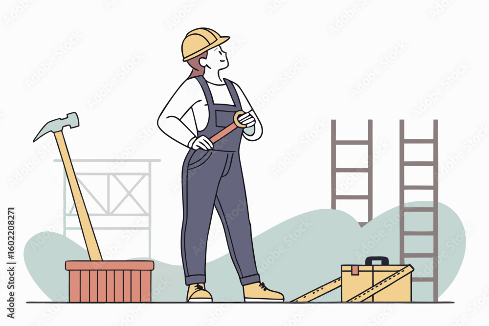 Poster construction worker preparing for a project with tools in hand in a site environment showcasing team