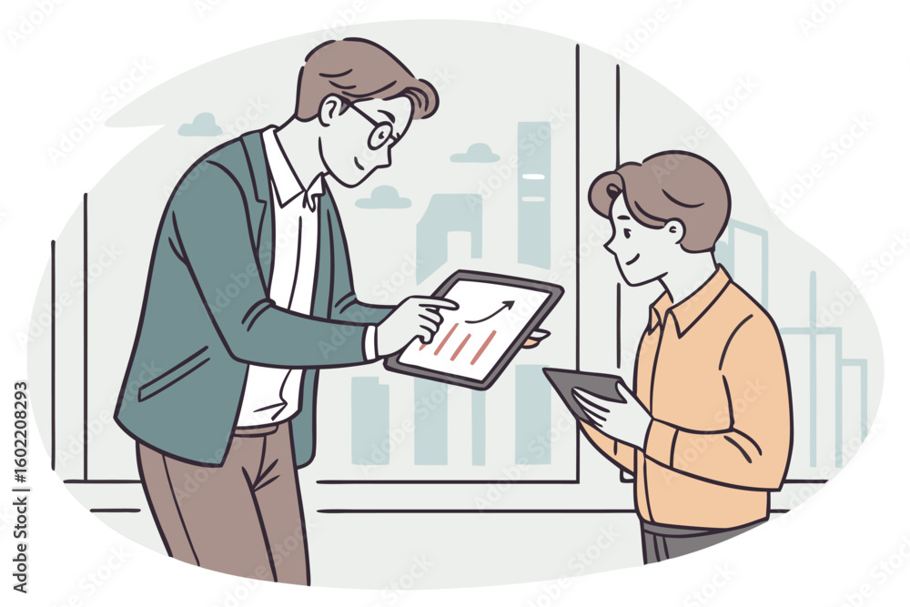 Poster business professionals collaborating in a modern office environment while discussing data insights o