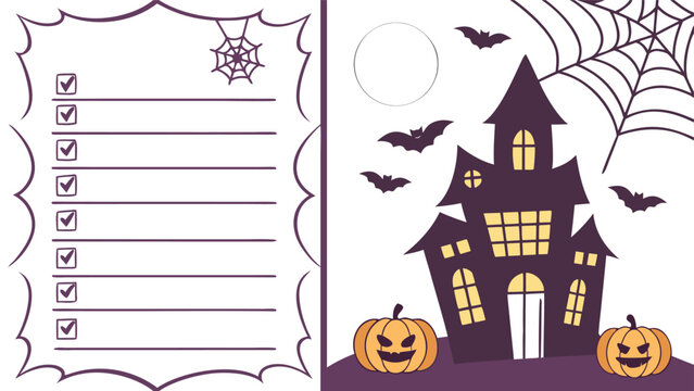 Halloween checklist with a spooky haunted house pumpkins bats and a spiderweb design for festive party planning or seasonal activities