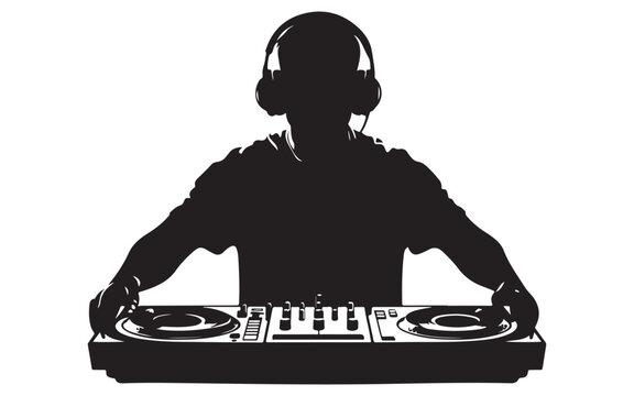 DJ Silhouette Mixing on Turntables Music Artist Vector Design