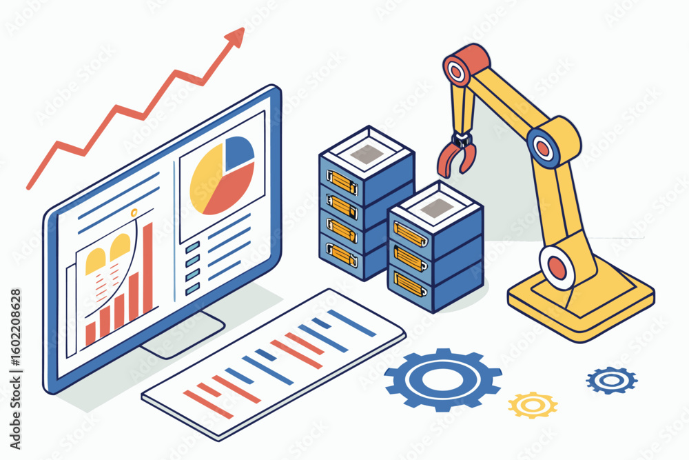 Poster modern automation in data analysis with robotic arms, charts, and computer screens for efficient ope