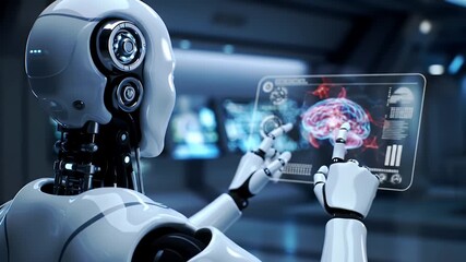 Advanced Ai Robot Examining Brain Data on Transparent Screen in a Futuristic White Room with Display Screen Technology Interface - Powered by Adobe