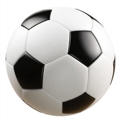 A classic black and white soccer ball,  perfectly spherical, with a glossy finish,  shows distinct pentagonal and hexagonal panels