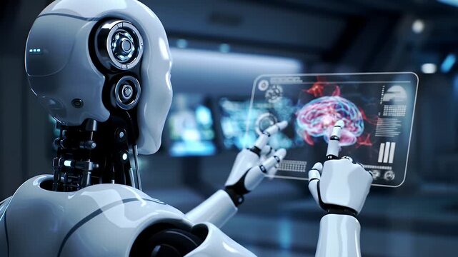Advanced Ai Robot Examining Brain Data on Transparent Screen in a Futuristic White Room with Display Screen Technology Interface - Powered by Adobe