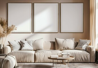 Modern living room interior with three empty frames. sofa. coffee table. and plants