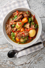 Indonesian Spiced Beef Stew Semur Daging closeup in the bowl on the table. Vertical top view from above