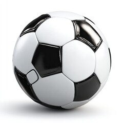 A classic black and white soccer ball, gleaming, rests on a stark white background, casting a subtle shadow.  The panels are sharply defined, suggesting a high-quality, possibly leather, construction