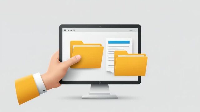 Digital workspace with a computer monitor displaying a document and folders, illustrating organization