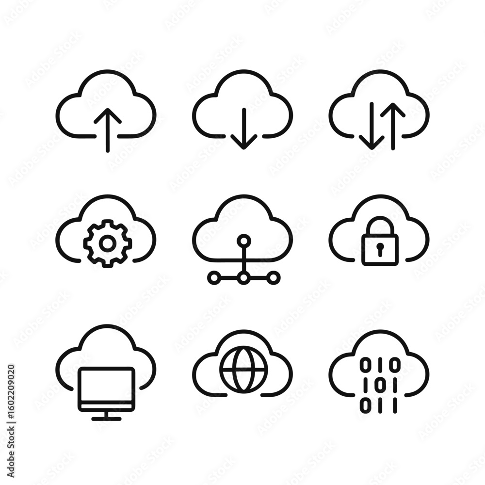 Poster cloud computing and data storage icons. outline symbols. line design