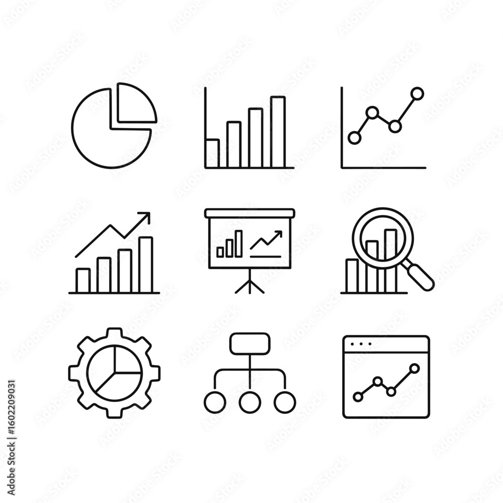 Poster performance monitoring and analytics dashboard icons. outline symbols. line design